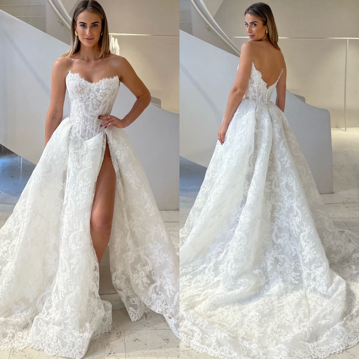 Gorgeous lace A e dresses real picture bone bodice strapless wedding dress plus size custom made front split fulllace bridal gowns