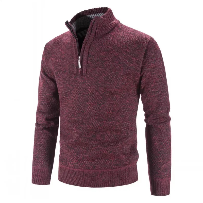 Autumn Winter Thick Knitted Sweater Men Pullovers Solid Color Zipper Mock Neck Slim Fit Knit Causal Man 240930