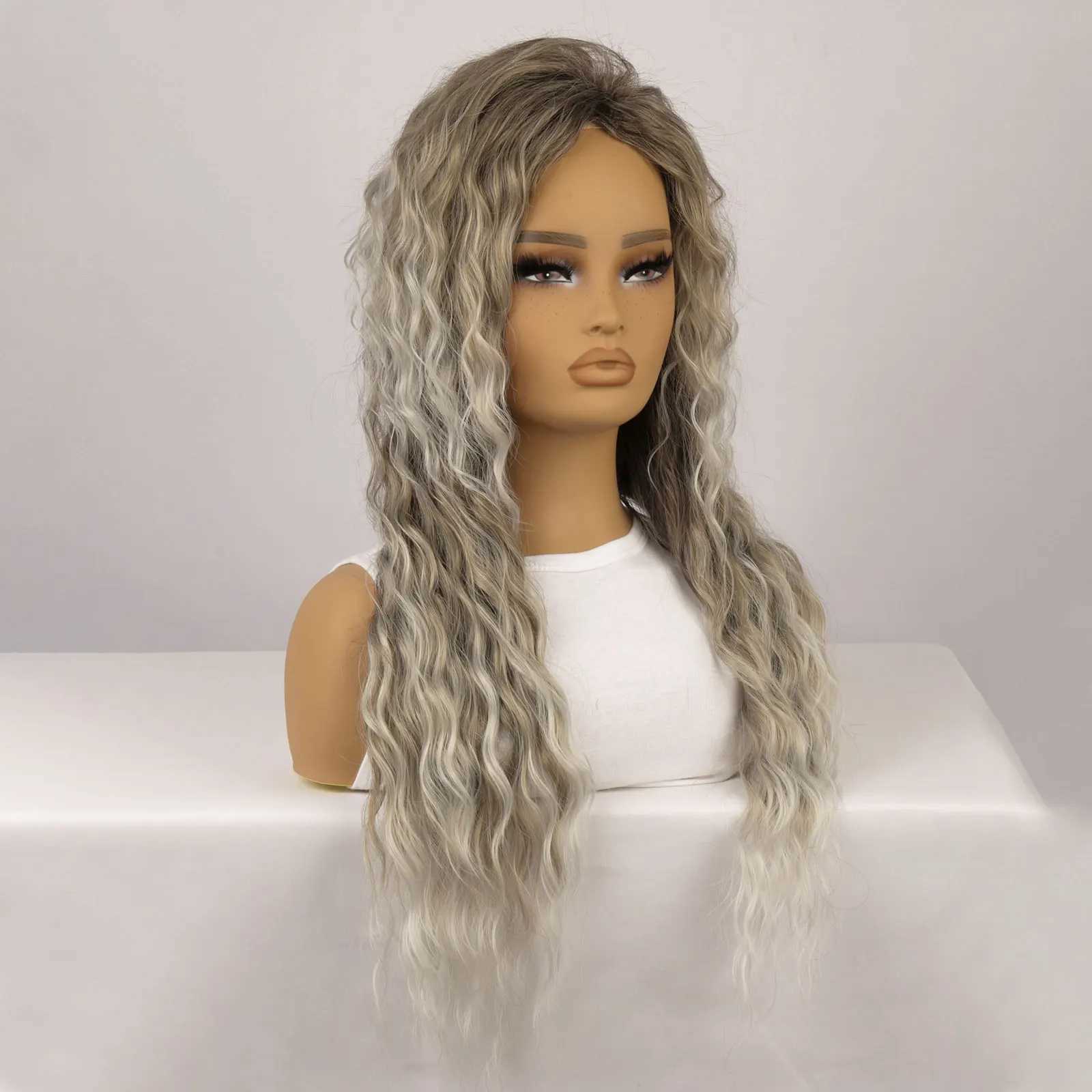 Ombre Ash Blonde Long Water Wave Natural Looking Dark Roots Synthetic Wigs for Women 80s Halloween Carnival Party Wig 28 InchesXJ241008