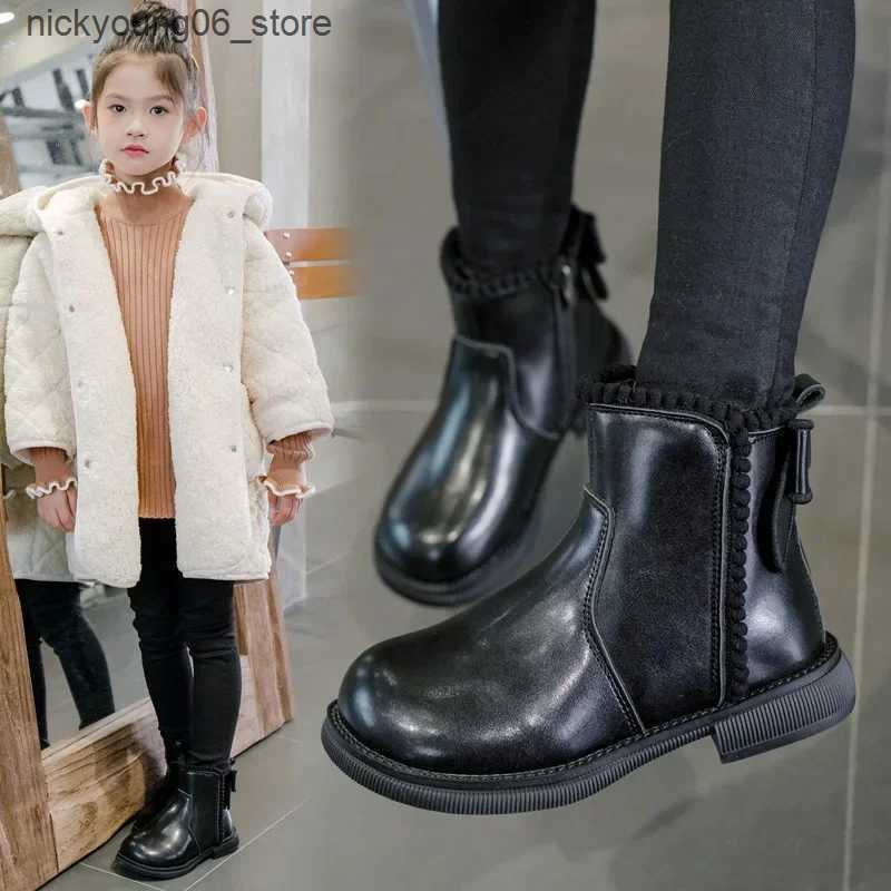 Boots 27-37 Fashion Flower Edge Kid Fashion Boots 2023 Girl Princess Boot Winter Flat Ankle Boot Plush Warm Kid Shoe Girl Short Boot L240910