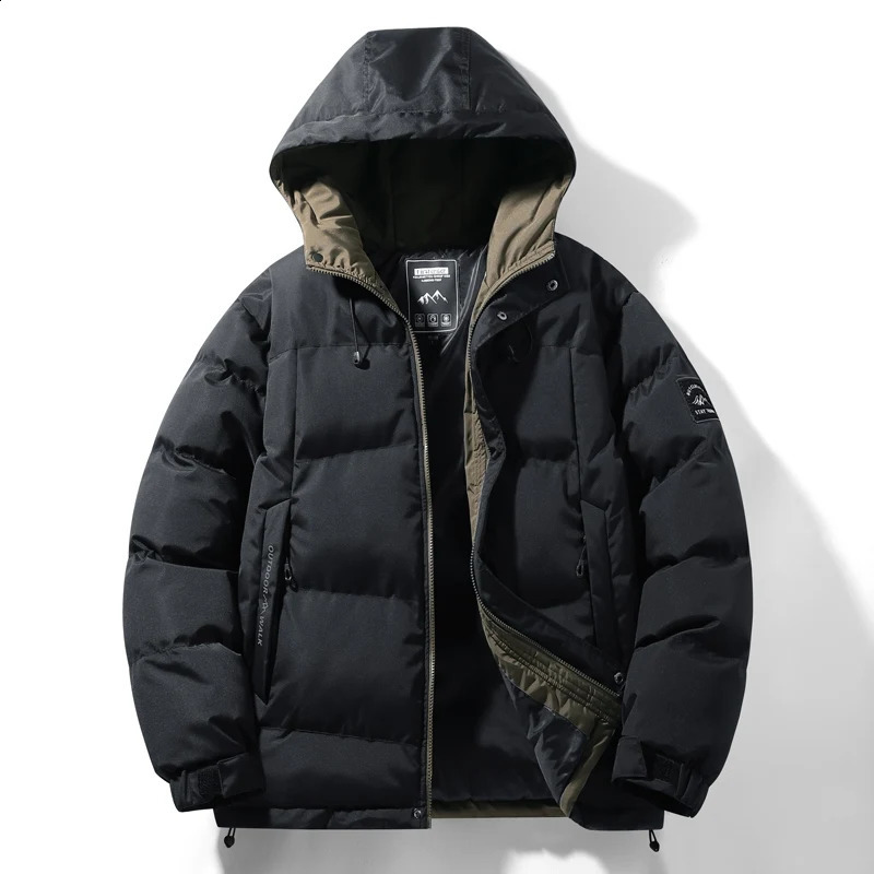 Travel camping jacket mens casual and fashionable down jacket mens winter windproof and warm park thick solid color hooded jacket 241007