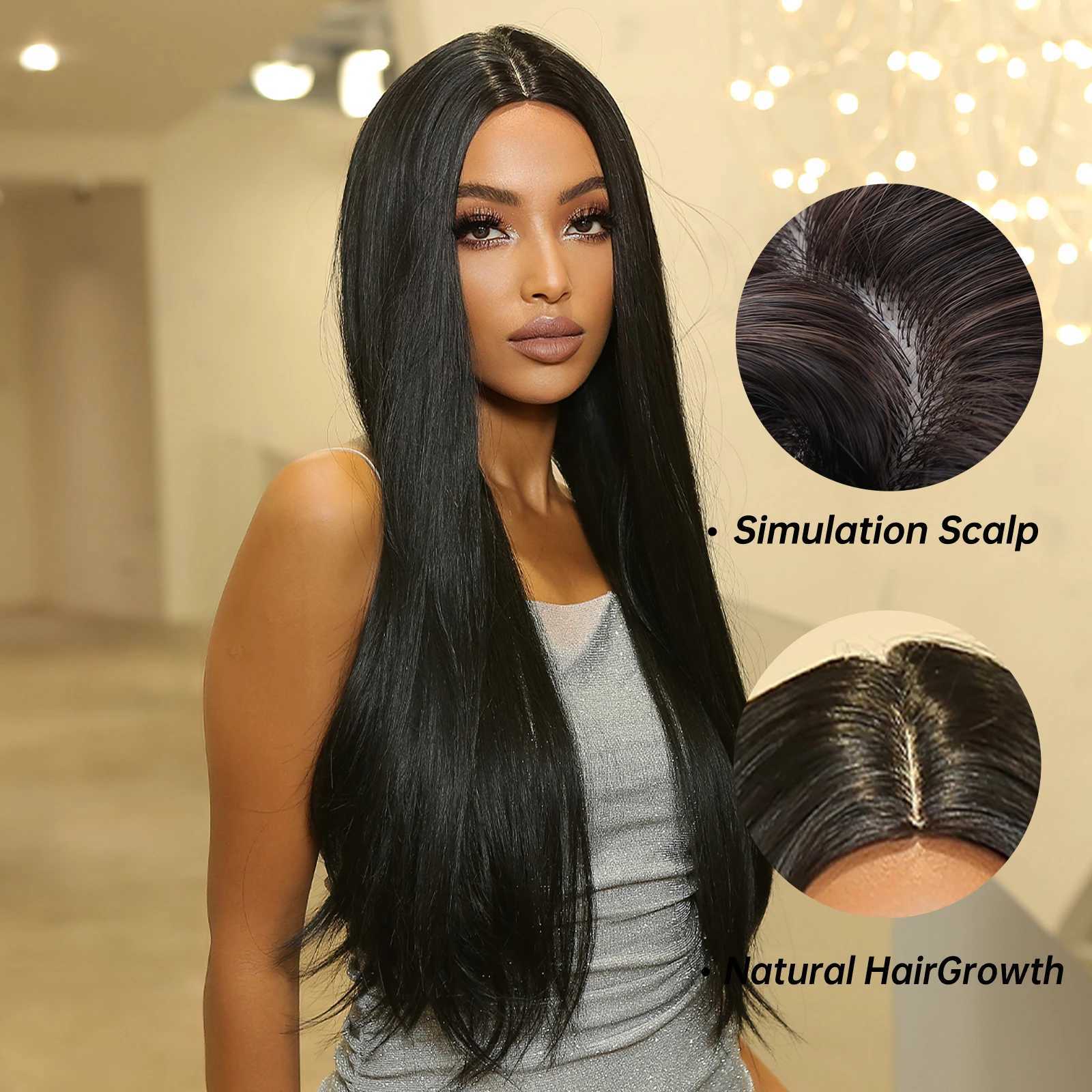 Long Dark Straight Synthetic Wigs Natural Black Fake Hair Wig Middle Part for Women Afro Daily Party Cosplay Heat Resistant UseXJ241008