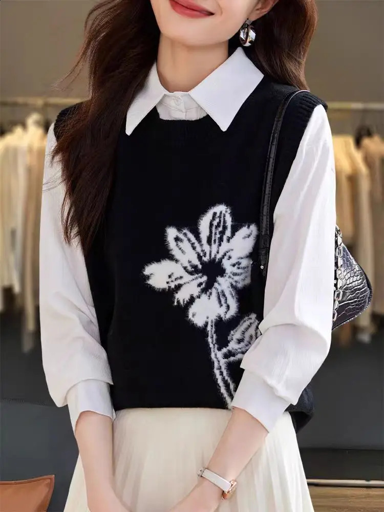 Spring and summer pure wool knitted vest round neck with floral embroidery n simple fashionable 241007
