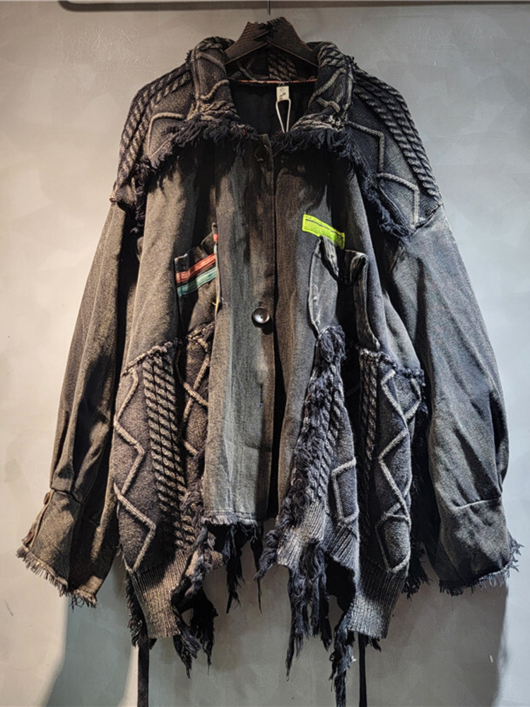DEAT Women's Denim Coat Patchwork Knitted Washed Black Gery Irregular Do Old Loose Jackets 2024 Autumn New Fashion 29L8172