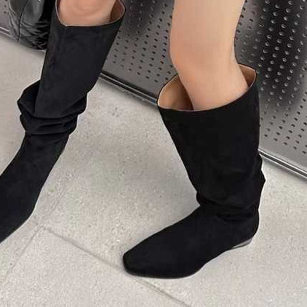 Pile Up Martin Boots Square Toe Thick Fashion Boots Knees Long Tube Boots Womens Knight Boots Slim Tall Western Cowboy Boots 240826