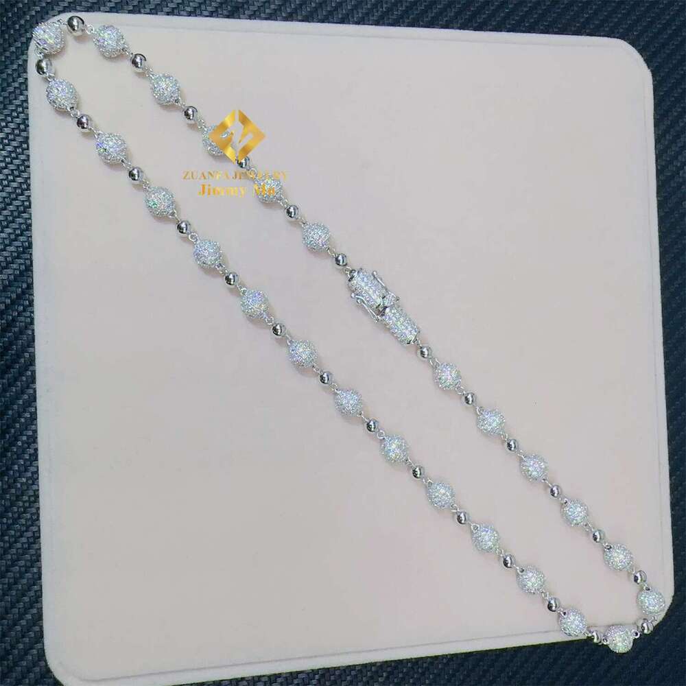 GRA 8Mm Iced Out Hip Hop Jewelry Sterg Sier White Gold Plated Vvs Moissanite Ball Bead Chain Cuban Necklace