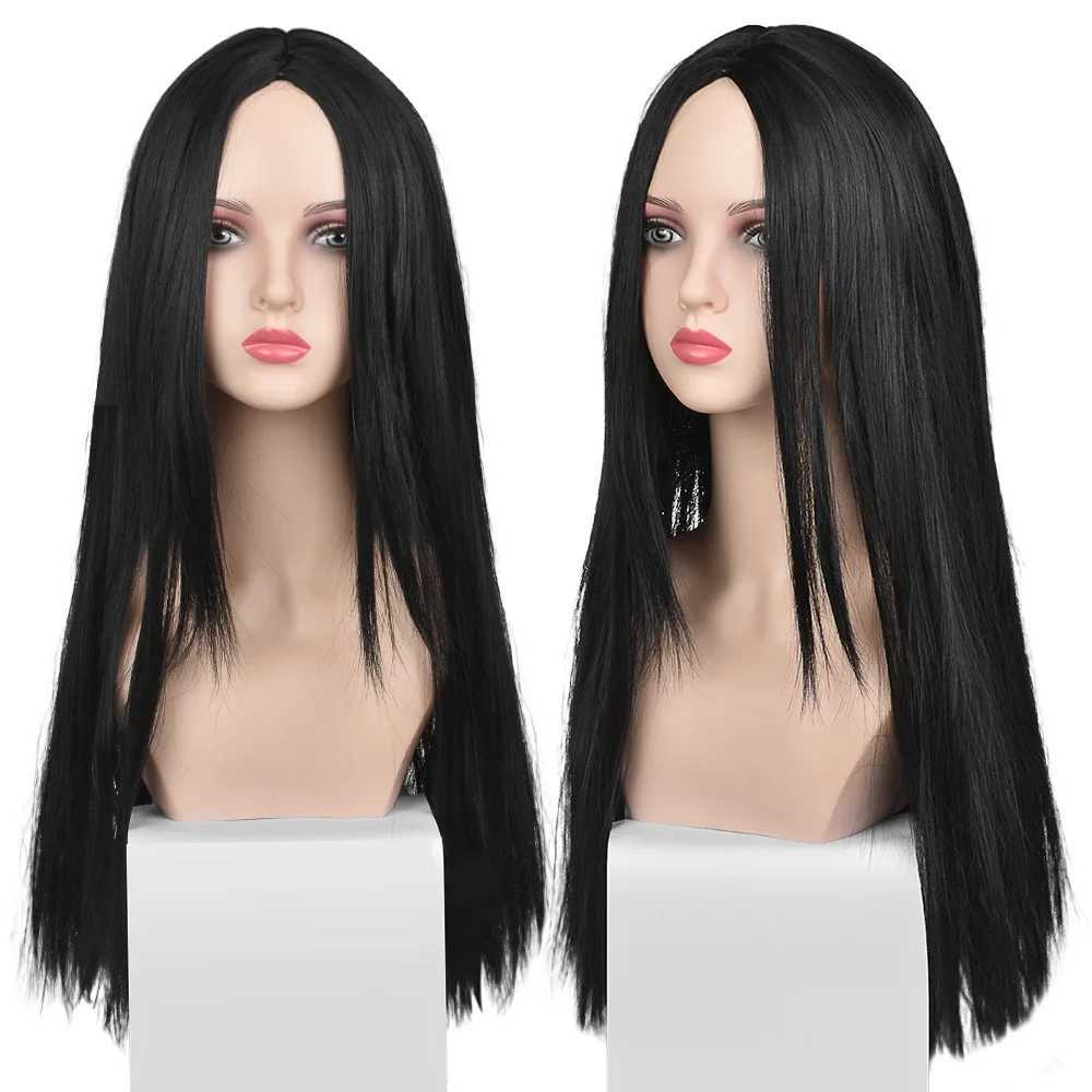 Long Straight Wig 27 Inch Black Wig Center-parted With High Lights Synthetic Hair Wigs for Black Women Daily UseXJ241008