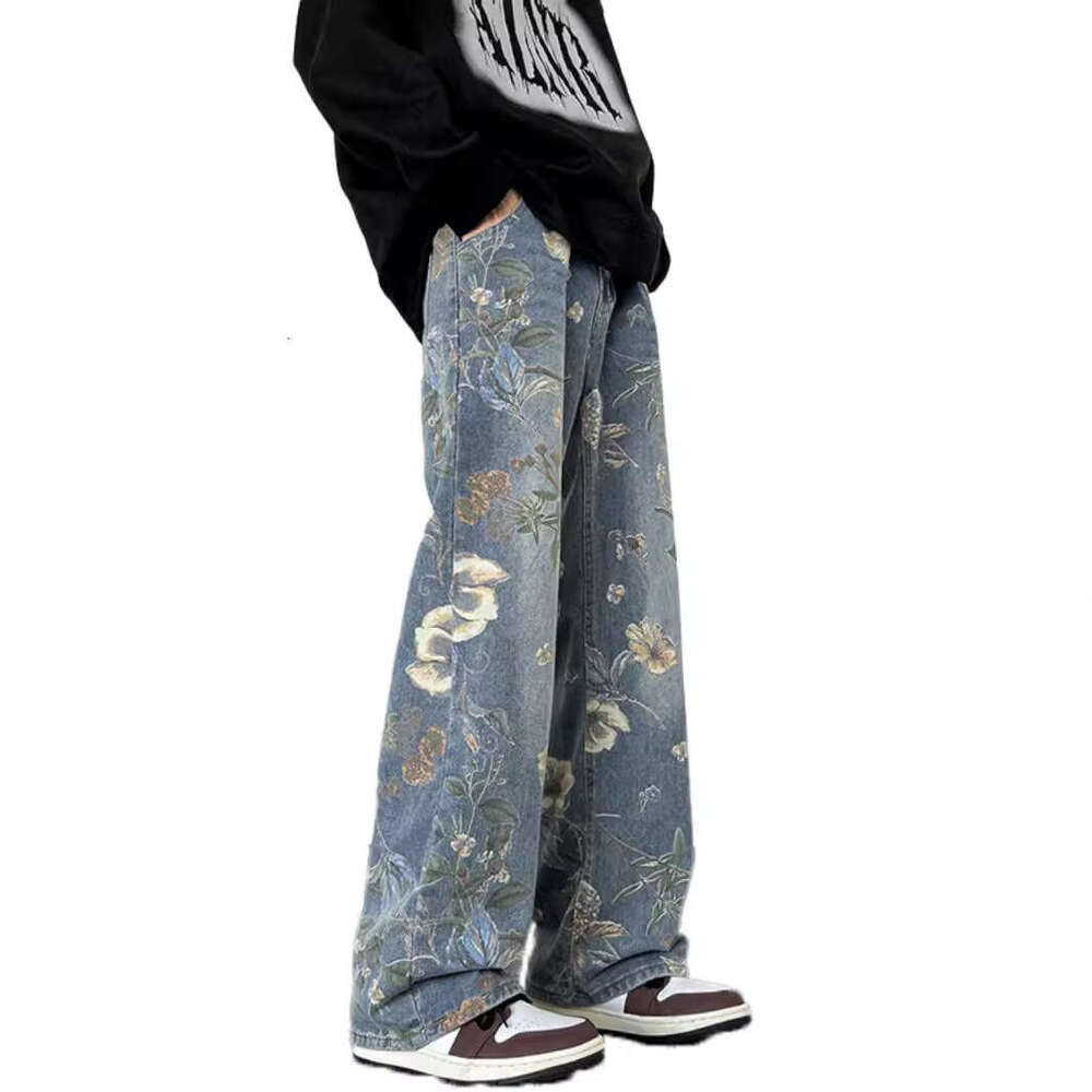 Small Niche High Street Printed Jeans Men's Summer American Hip-Hop Straight Leg Pants Cleanfit Trendy Brand Wide Leg Floor Pants Men's jean