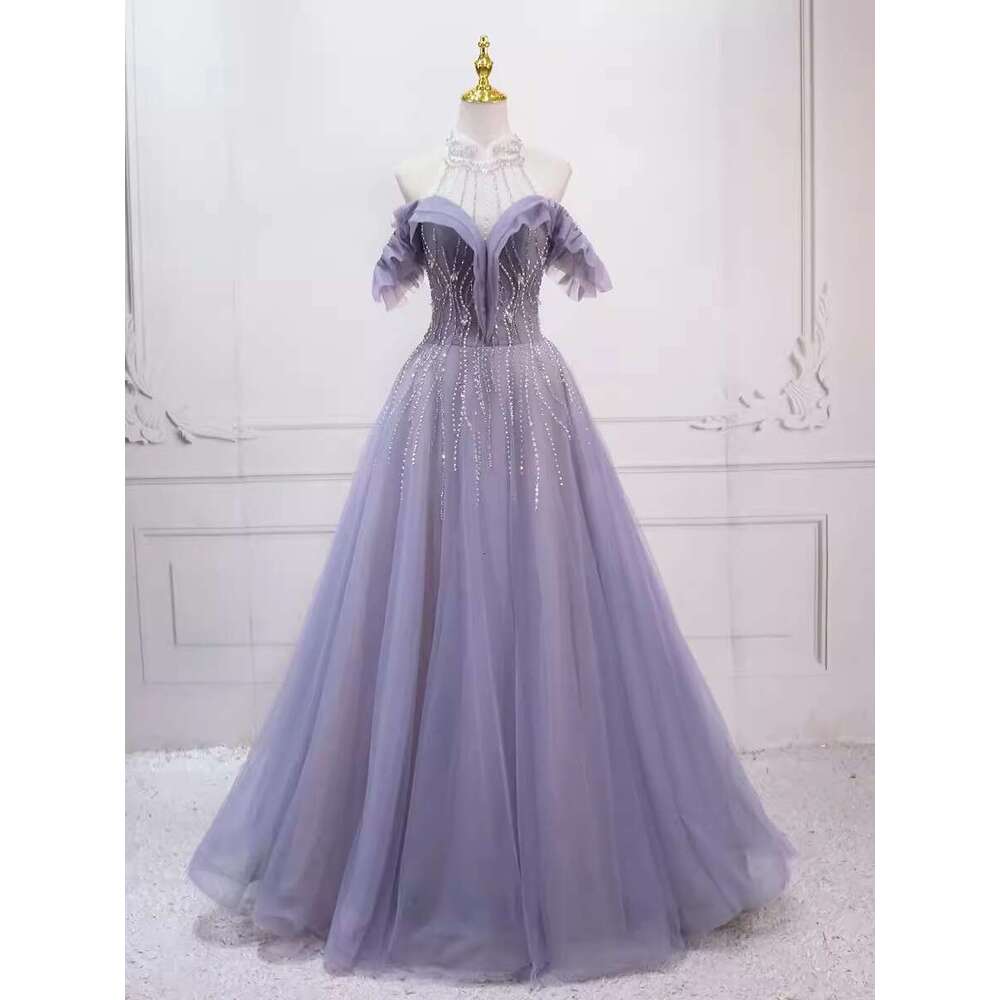 Real Picture Women Formal Evening Dresses 2024 High Neck Crystal Pearl A e Long Prom Party Dress Ocn Gown Vestido