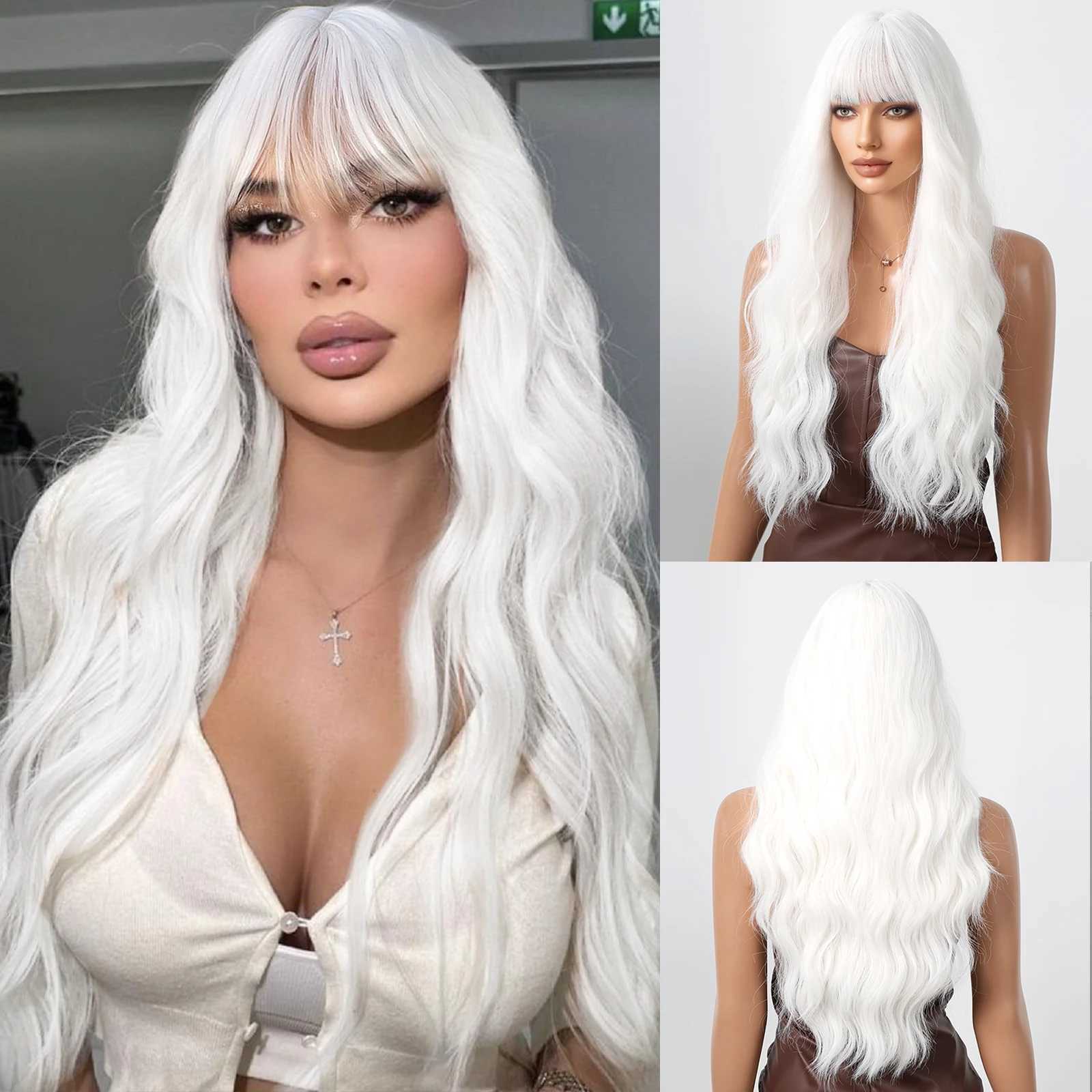 Long Curly Wig for Women White Lolita Party Synthetic Hair Wigs with Bangs White Wavy Wig Heat Resistant for Cosplay Costume WigXJ241008