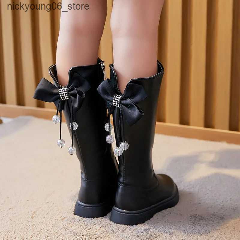 Boots Girls Shoes Ankle Boots Winter Childrens Shoe for Girl Plush Long Boots Show Bowtie Shoes Beaded Soft Soles Non Slip Kid Shoes L240910