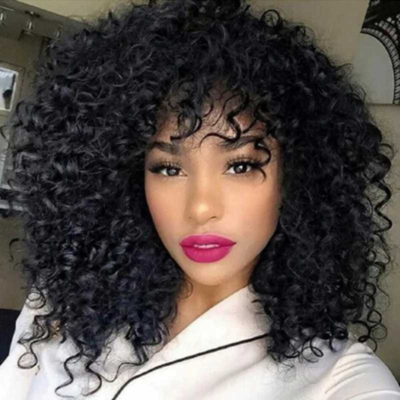 Synthetic Curly Wigs for Women Afro Curly Wig with Bangs Natural Black Hair Synthetic Heat Resistant Full WigsXJ241008