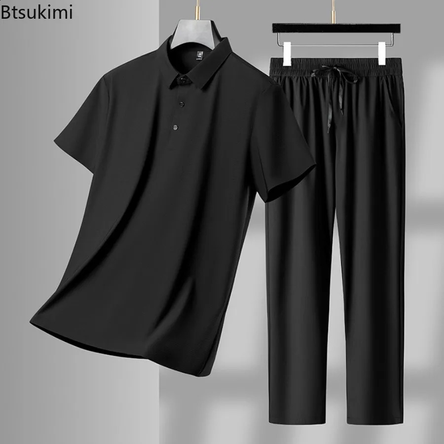 High quality mens casual suit summer cool breathable ice silk sportswear two-piece mens short sleeved polo shirtpants track suit 240930