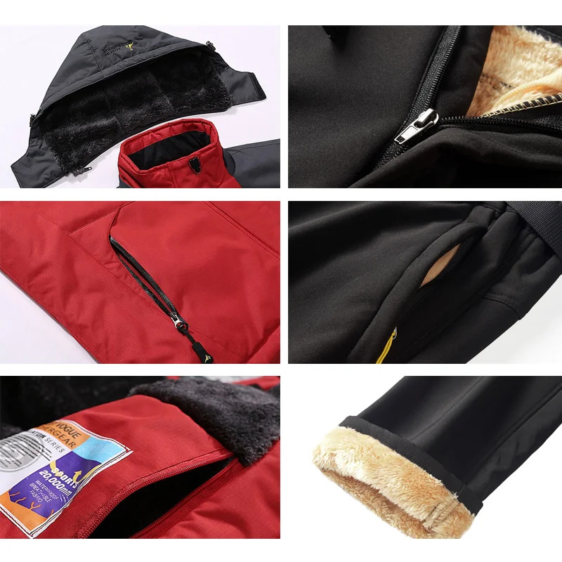Men Winter Ski Suit Thickening Warm Waterproof Windproof Hooded Jacket And Pants Outdoor Hiking Climbing Snowboard Skiwear Set