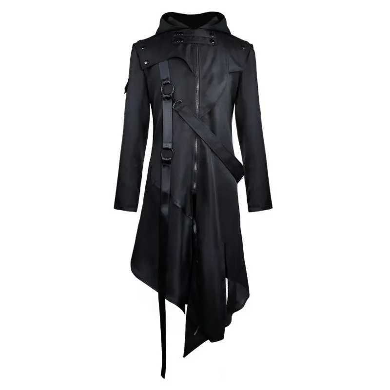 2023 Long Ribbon Techwear Punk Trench Coat Gothic Jacket Autumn Winter Mens Halloween Role Playing Costume Hooded Cloak W241007