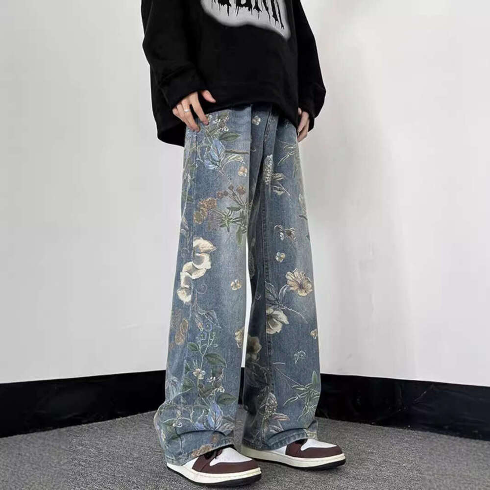 Small Niche High Street Printed Jeans Men's Summer American Hip-Hop Straight Leg Pants Cleanfit Trendy Brand Wide Leg Floor Pants Men's jean