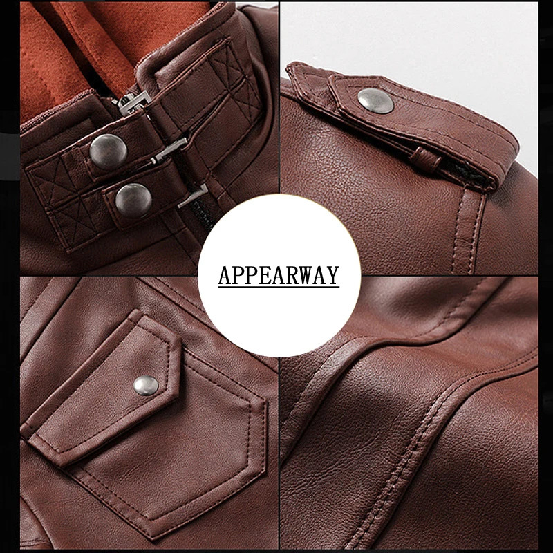 APPEARWAY Spring Antumn Men Brown Leather Motorcycle Jacket With Removable Hooded Male PU Coat EU Size High Quality 240930