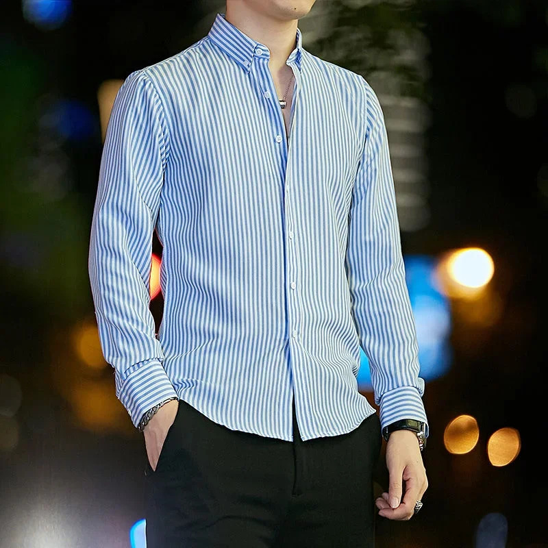 Striped mens shirt and business mens shirt white regular original Korean style fashionable sleeves slim fit 241007