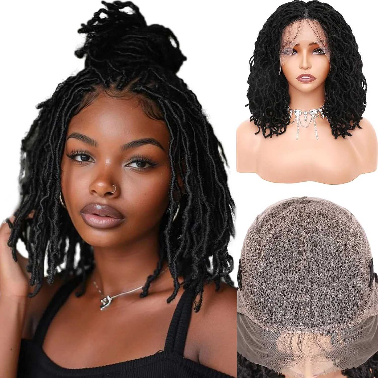Short Bob Braids Wig Synthetic Lace Front African Glueless full lace Black Synthetic Crochet Dreadlocks Wig for Black WomenXJ241008
