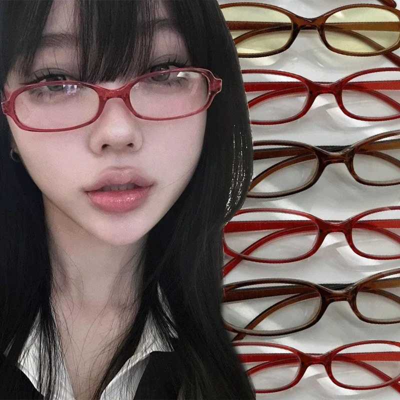 Y2K Women Retro Oval Square Glasses Red Green Frame Glass Eyewear Decorative Computer Anti-blue Eyeglasses with Seaside DrivingX241008