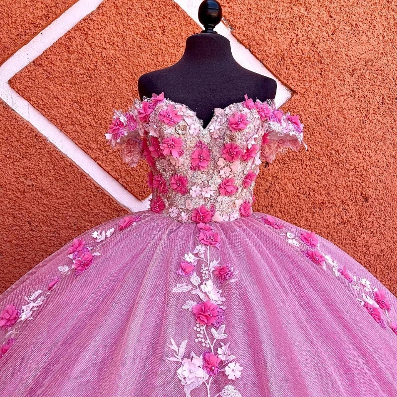 Pink Shiny Luxury princess Quinceanera Dresses 3D Floral Applique Tull Off Shoulder Bustle Corset Vestidos De 15 Anos Sweet 16 Dress