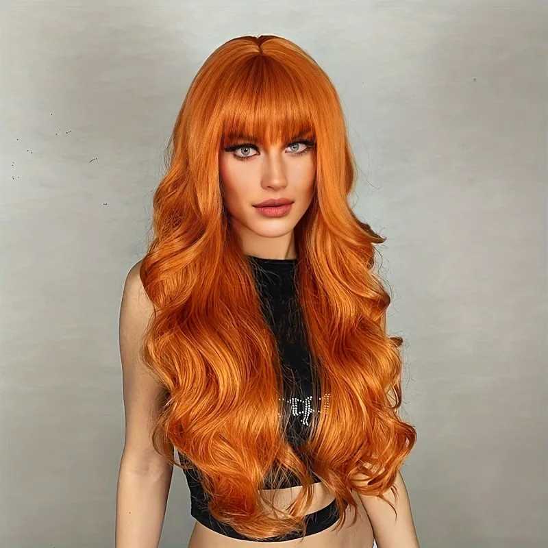 Selling synthetic fiber wig female orange long hair big waves fashion air bangs long curly hair mechanism full head setXJ241008