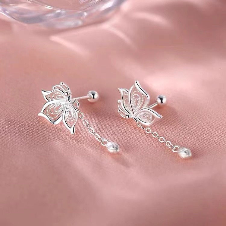 Sier needle small, fresh, sweet tassel, new butterfly earrings, ear bone studs, no need to remove when sleeping
