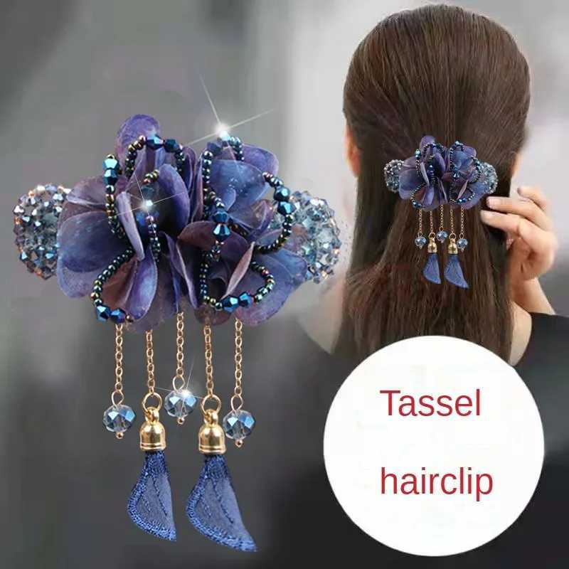 Fashionable and elegant linen flower tassel hairpin female hairpin retro back spoon spring clip crystal headdress jewelry gifts W241007