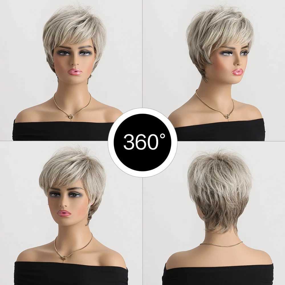 Short Wig Brown Mixed Blonde Synthetic Wigs Straight For Women Hair With Bangs Hair Breathable Rose Mesh Daily Party Cosplay UseXJ241008