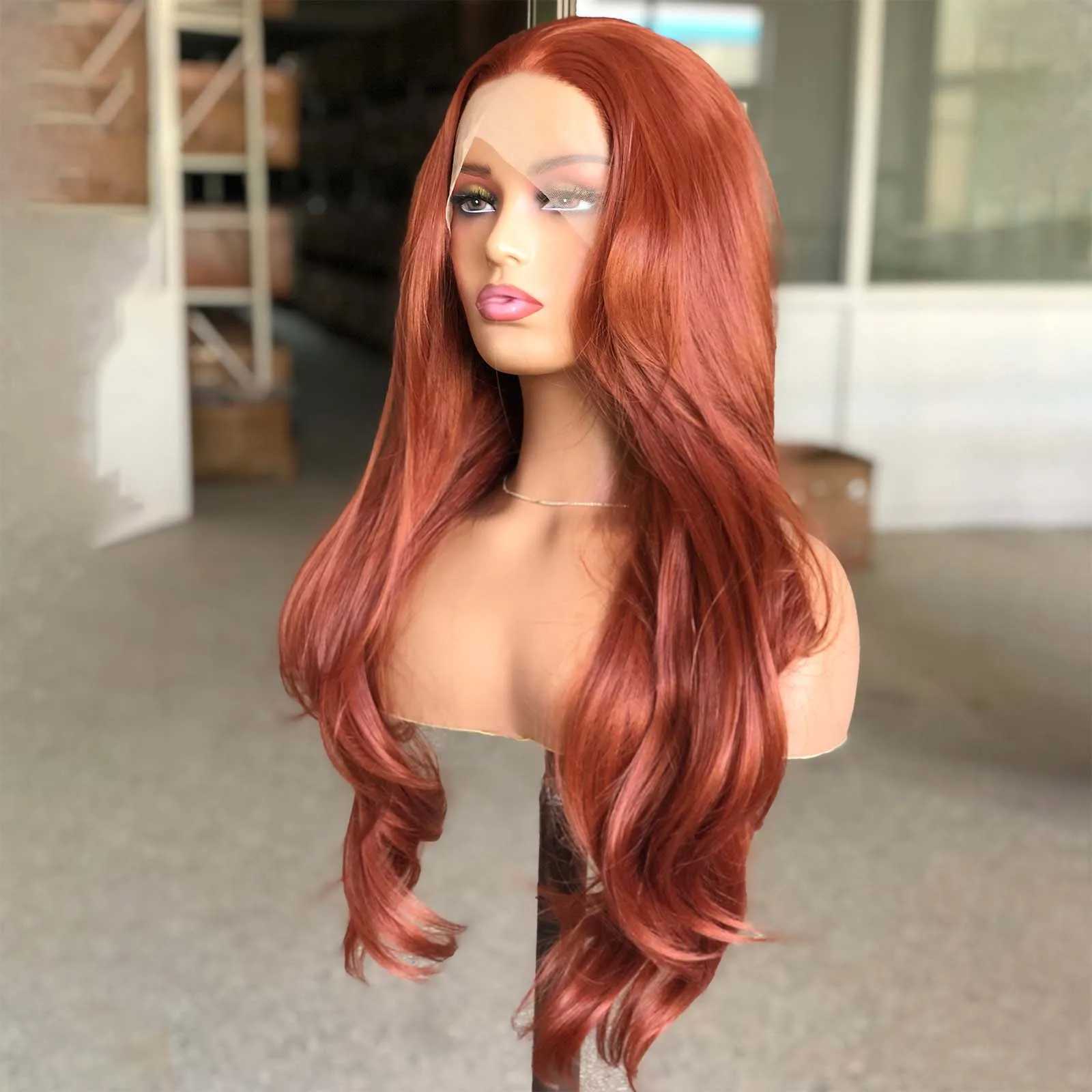 Copper Red Wig Natural Wavy Lace Synthetic Hair Lace Front Wig Long Reddish Brown Colored Lace Frontal Wigs for Women PartyXJ241008