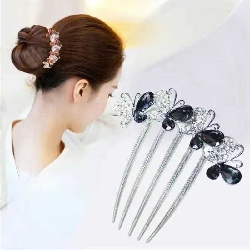 Fashionable zircon butterfly five tooth hair clip brides hair accessories womens retro luxury alloy hair comb mothers hair accessory W241007