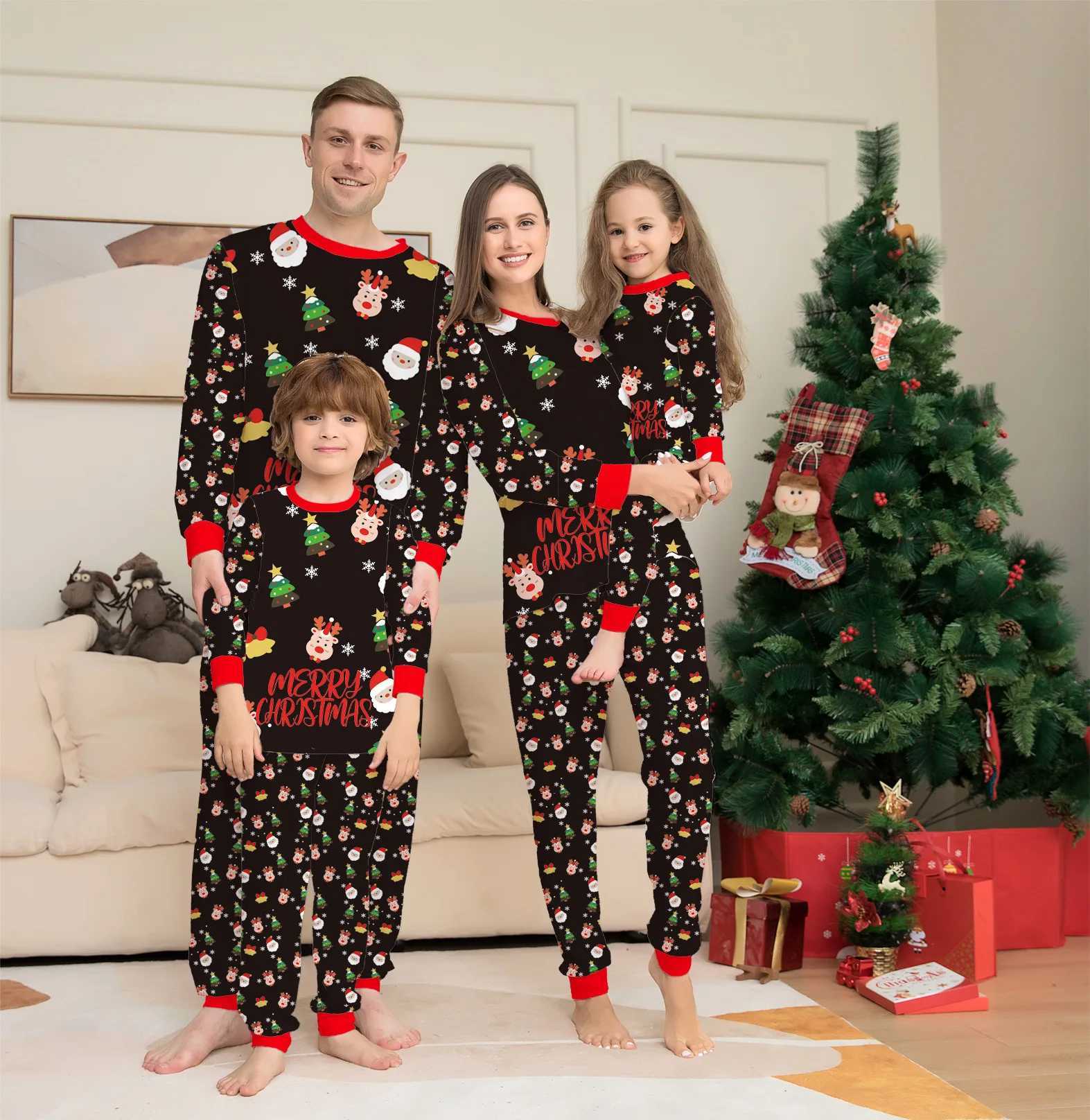 Christmas Family Matching Pajama Set 2024 Christmas Deer Santa Claus Printed Pjs Adult and Childrens Clothing Set Baby Hoodie+Dog Clothing W241008