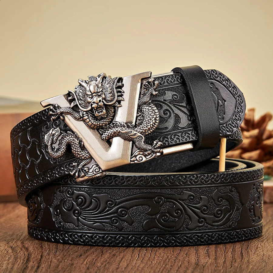 3.5CM V-shaped buckle genuine cowhide belt high-quality alloy automatic buckle printing waste belt gift business mens belt 240925