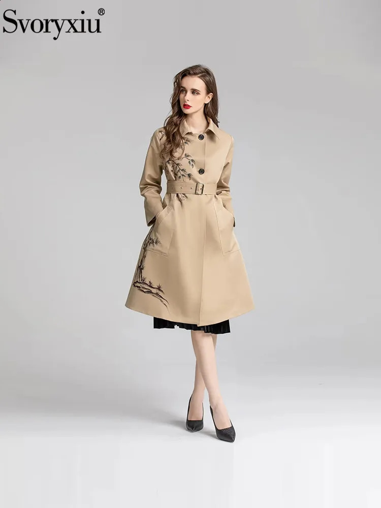 Svoryxiu Fashion runway autumn floral print trench coat womens lapel long sleeved belt ultra-thin A-Line coat 240927