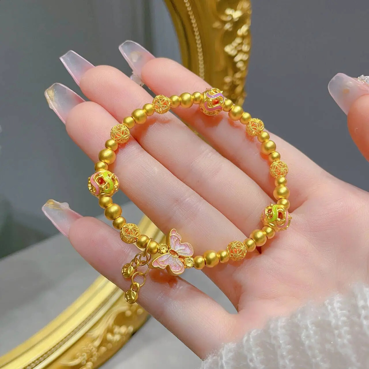 9999 24K genuine gold blue butterfly bracelet womens antique style explosive style niche high-end feeling colorful bracelet 240929