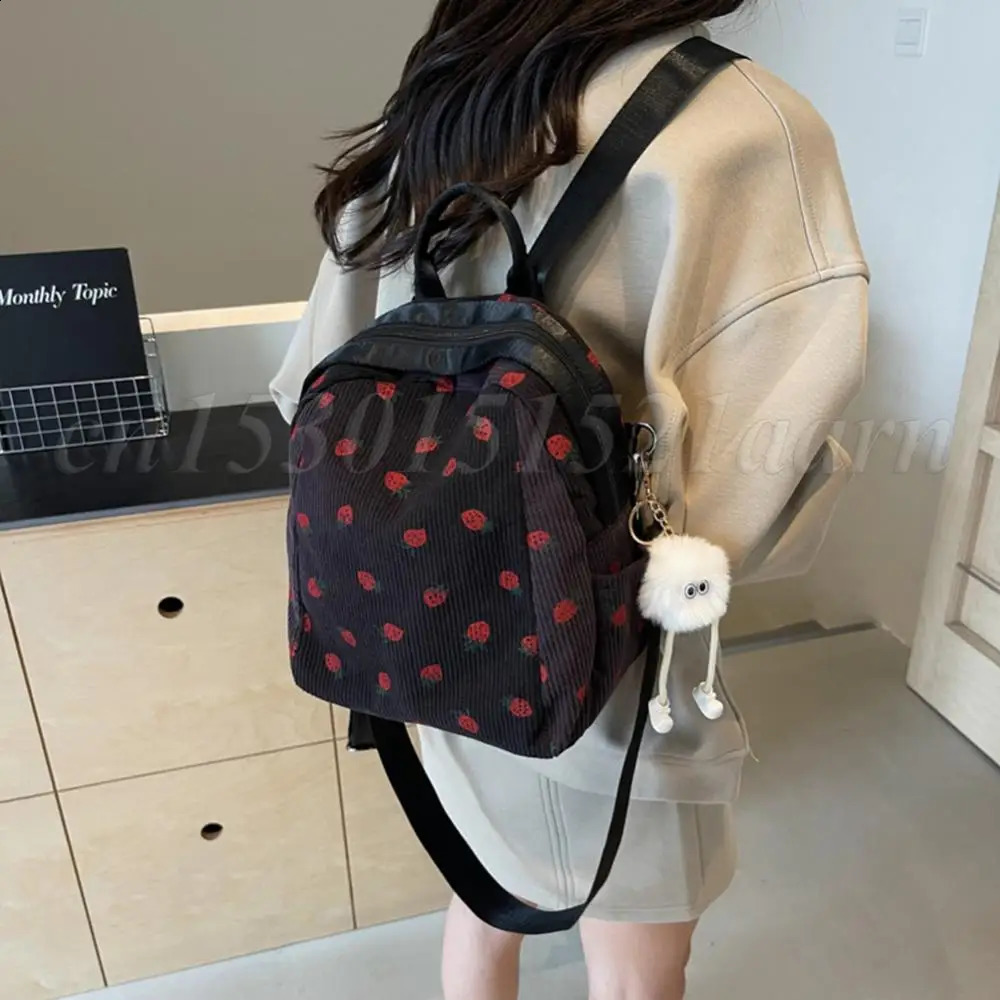 Kawaii Strawberry Corduroy School Bag Teenage Girl Beauty Backpack Lightweight Fashion Shoulder Zippered Small 241008