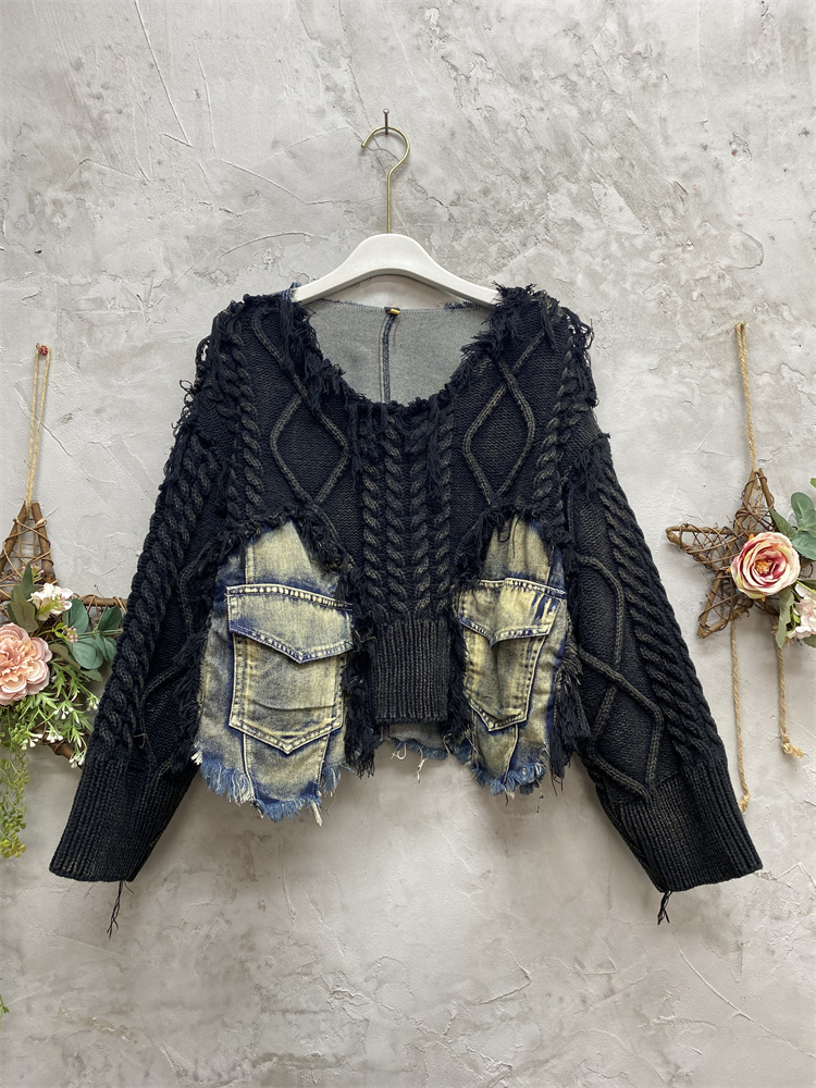 LYUZHE 2024 Autumn Winter New Denim Spliced Knitted Pullover Sweater Women Loose Large Size Show Slim Top Zxf376a