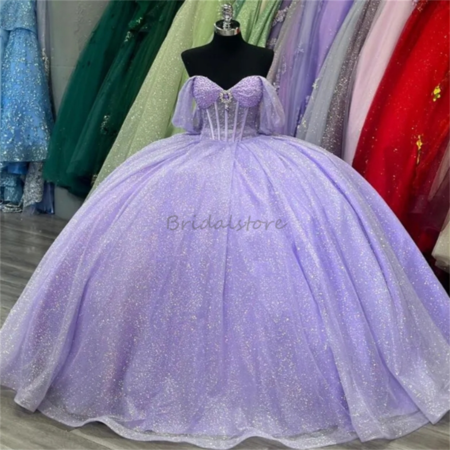 Luxury Lilac Quinceanera Dresses 2025 Glitter Sequins Fifteen Birthday Party Dress Sweetheart Beaded Corset Vestidos De 15 Anos Quinceaneras Charro Sw