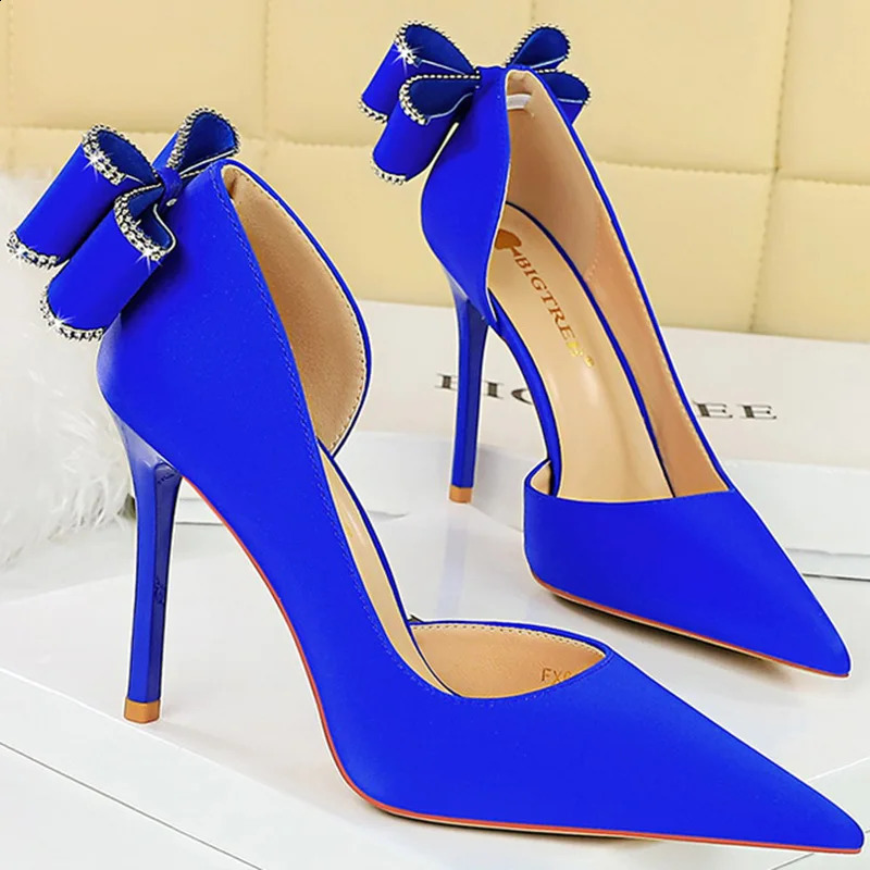 Womens 10.5cm high boots silk pump sweet style Rhine stone bow super high boots womens fetish wedding bride pink blue shoes 240925