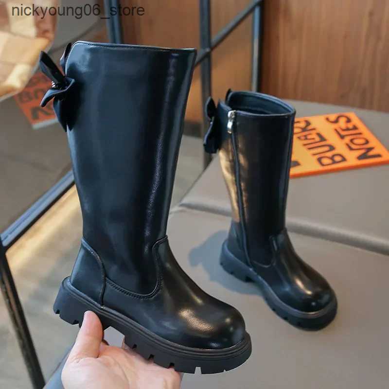 Boots Botas Platform Kid Boot Autumn/Winter 2023 Plush Fashion Princess Boot Bow Tie Long Boot Girl High Boots Medium Sized Kid Shoe L240910