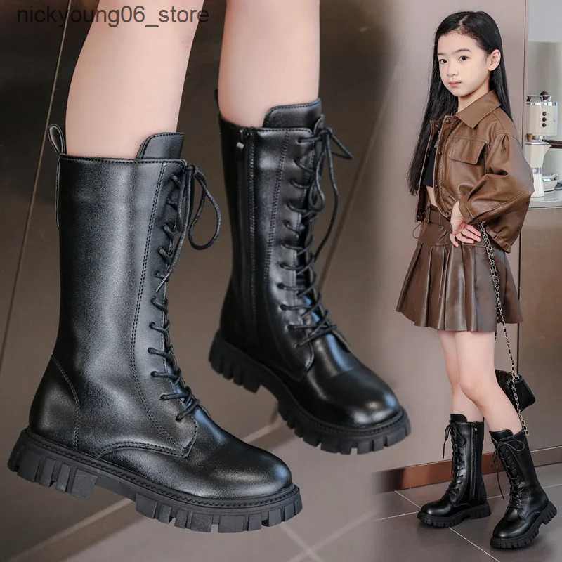 Boots Girls Princess High Boots Black Beige Versatile Kids Causal Boots Spring Autumn Non-slip Childrens Long Boots Solid Color PU L240910