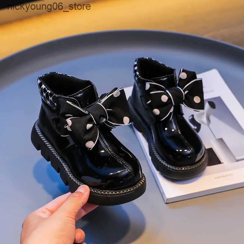 Boots Girls Ankle Boots Black White Versatile Princess Polka Dot Bow Kids Fashion Casual Short Boots Hook Loop Children Glossy Shoes L240910