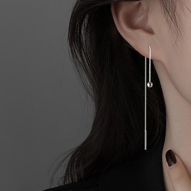Round bead 2024 new style temperament hole ear line women's silver needle long earrings round face looks slim