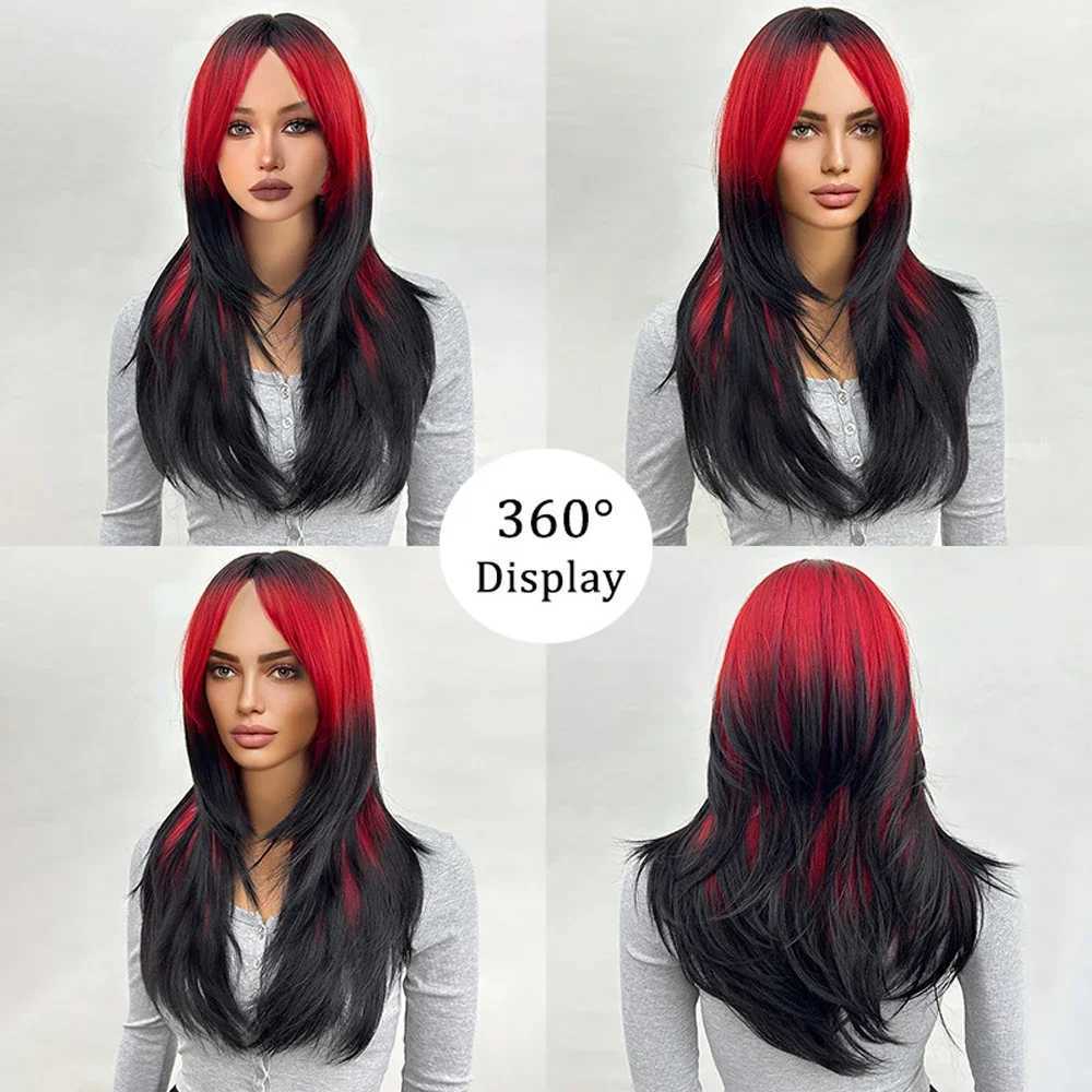 Ombre Red to Black Synthetic Wigs with Bangs Long Straight Layered Wig Colored Party for Women Heat Resistant HairXJ241008