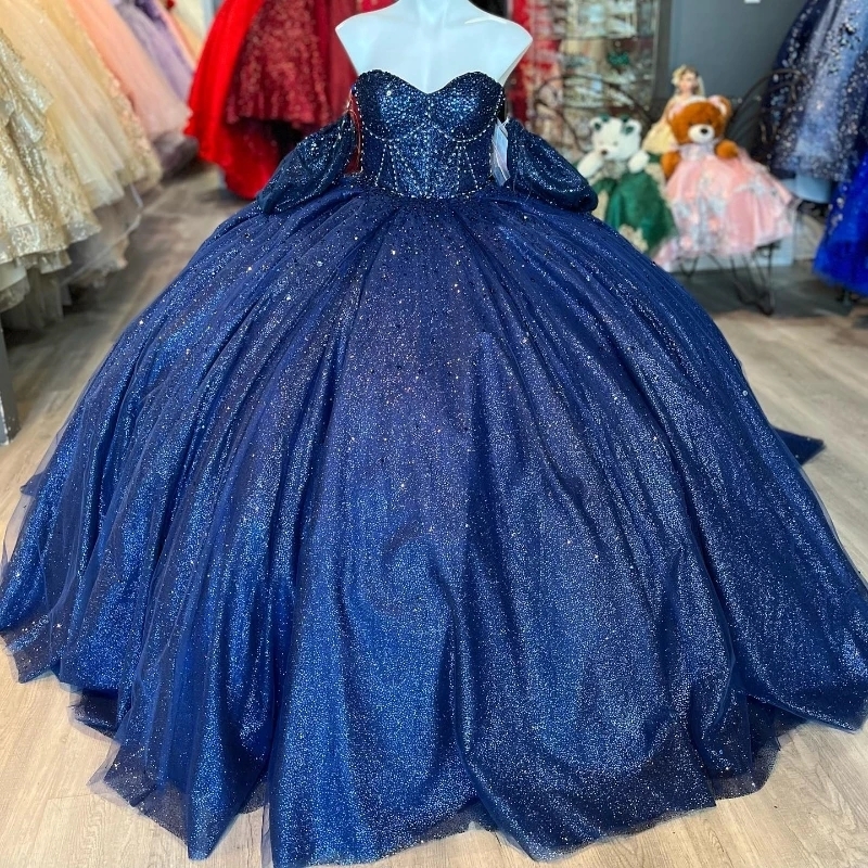 Navy Blue Shiny Quinceanera Dresses Ball Gown Off Shoulder Sweet 16 Dress Beads Crystal Celebrity Party Gowns Vestidos De 15 Anos
