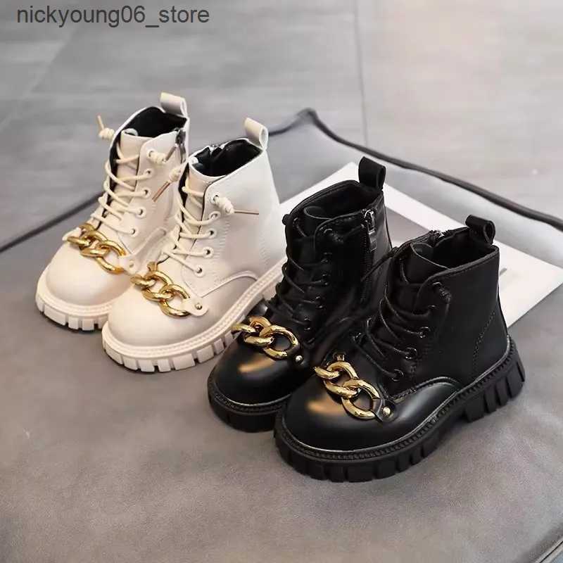 Boots Fashion Children Leather Boots Autumn Winter Metal Chain Girls Boots Warm Cotton Kids Ankle Boot Versatile Anti-slip Girls Shoes L240910