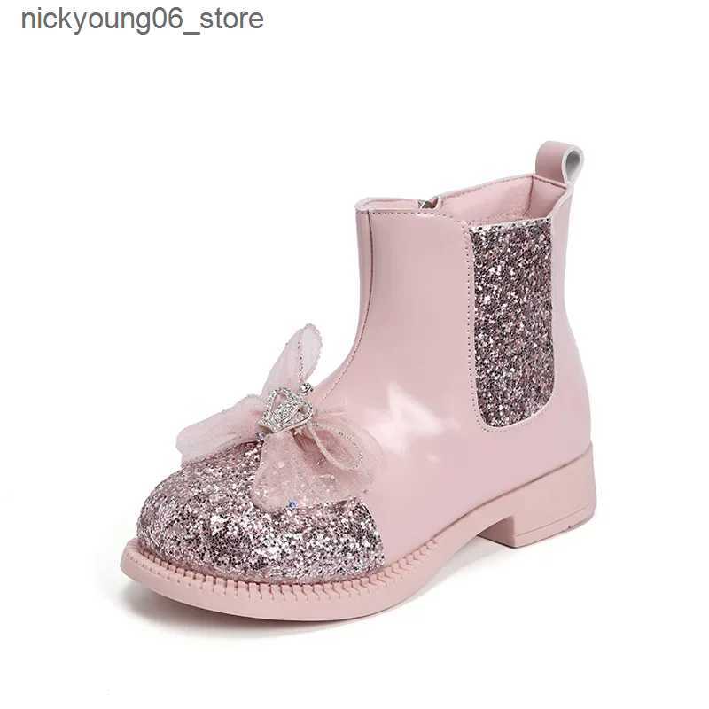 Boots Kid Shoe Fashion Girl Boots Autumn 2023Trend Soft Sole Princess Boot Non Slip Two Cotton Leather Boot Bow Ankle Boot Botas L240910