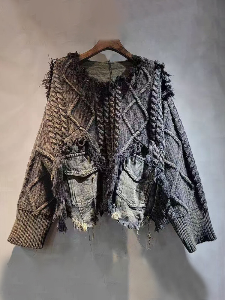 DEAT Women's Pullover Long Sleeve Irregular Do Old Patchwork Pockets Vintage Washed Denim Sweater2024 Autumn New Fashion 29L8195
