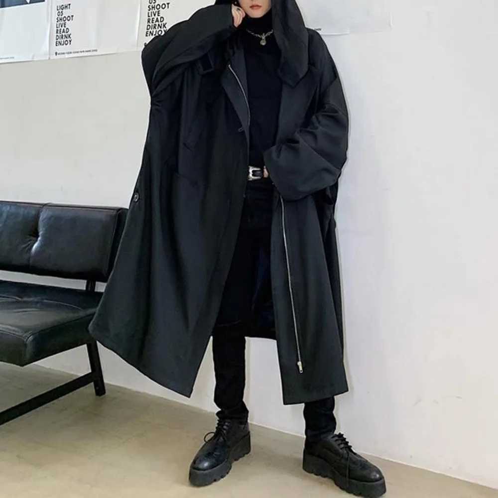 Mens dark British style casual long hooded jacket fashionable and elegant warm and streetwear mens casual jacket W241007