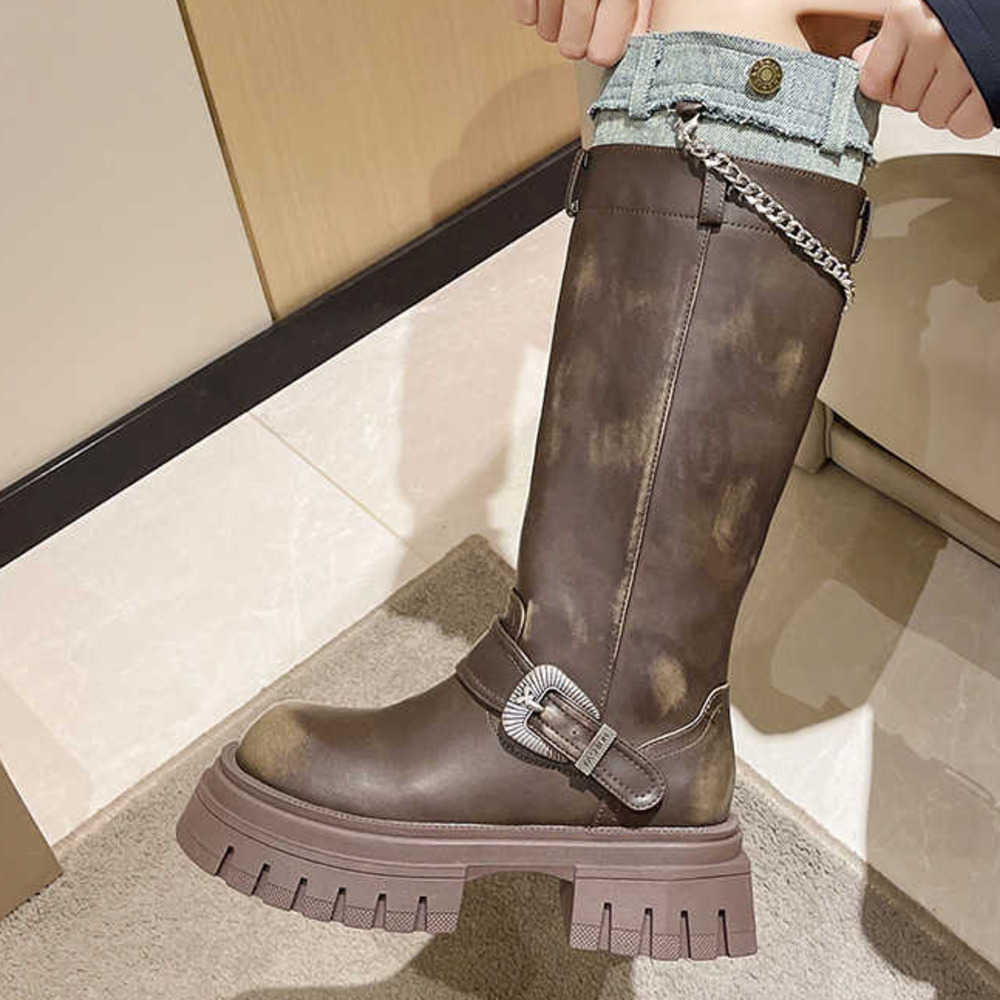 Brown Knee Thick Martin Boots Soled Women Boots Leather Long Fashion Boots Autumn Model Slim Tall Knight Boots 240826